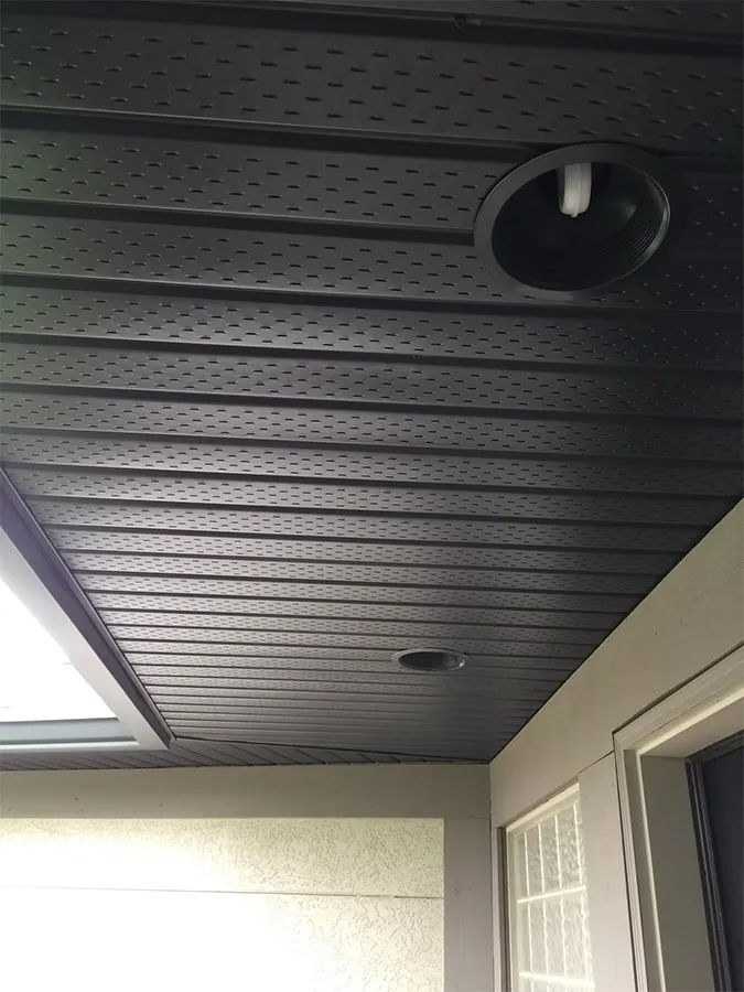 Black aluminum soffit with pot light — Gutter King, Vancouver Island